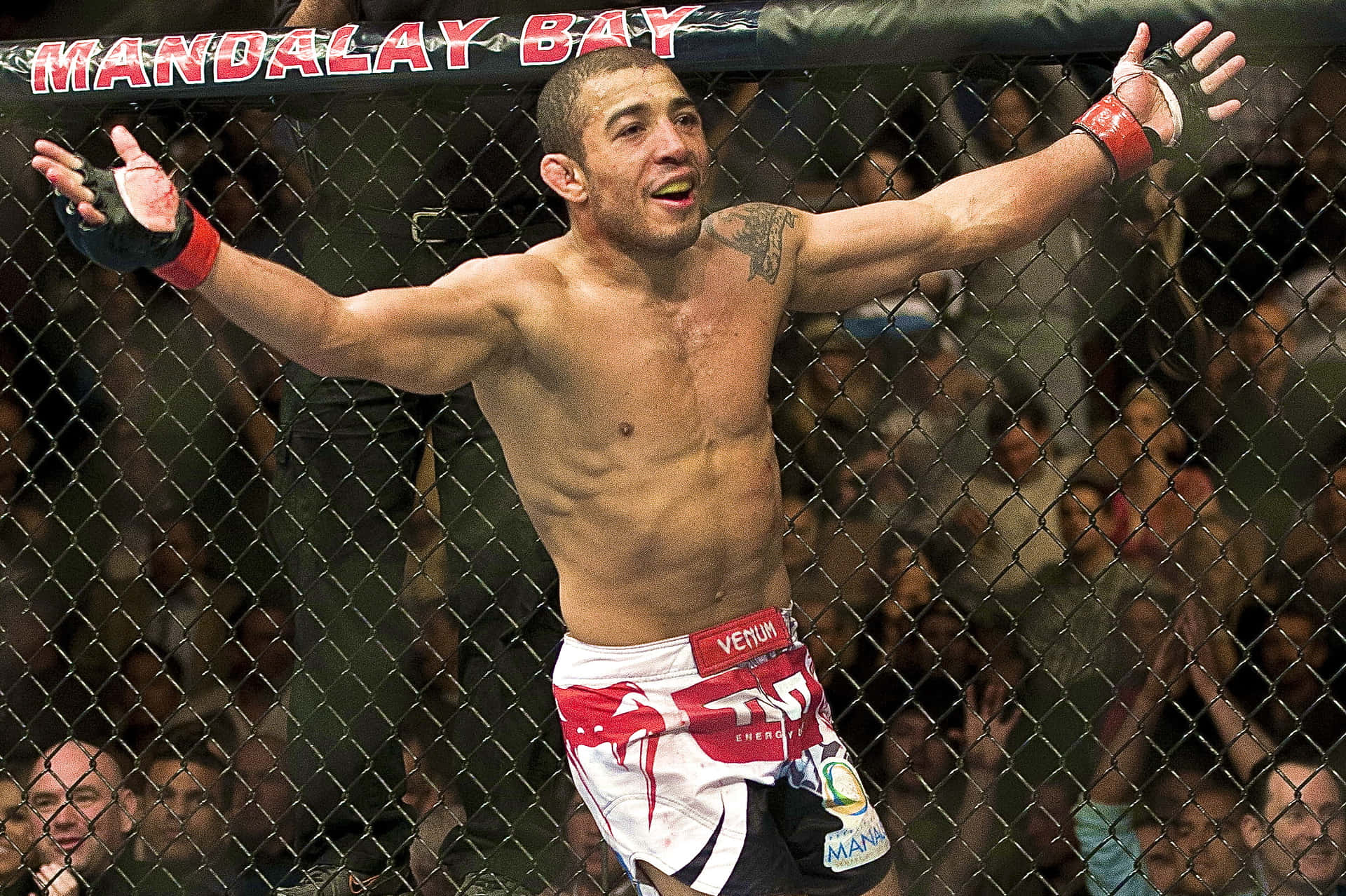 José Aldo with arms outstretched against the cage after a win in Las Vegas
