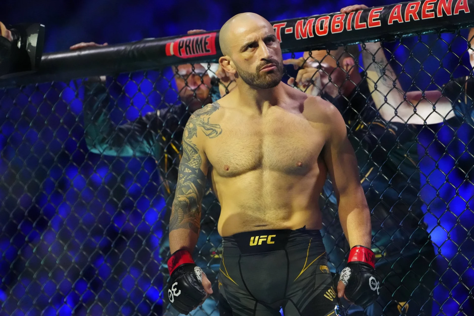 Alexander Volkanovski leaning against the cage under blue arena lights